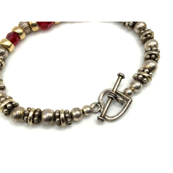 Beaded Sterling Silver Heart Toggle Bracelet w Gold,Silver and Red Crystal Beads - Picture 4 of 9